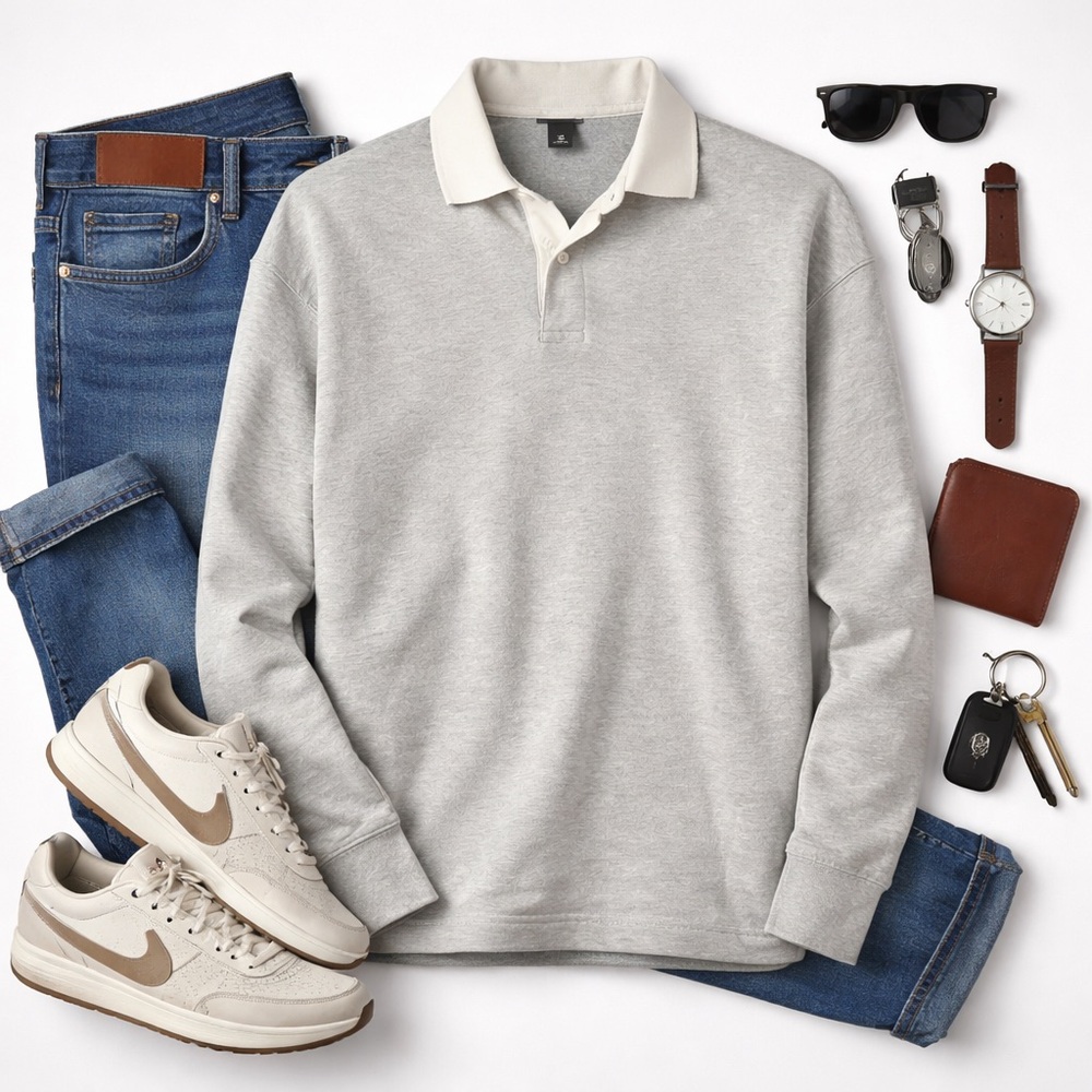 H&M Relaxed Fit Polo Sweatshirt | Light Gray | Long Sleeve Pullover | Large